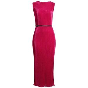 NWT Women's MELLODAY Cap‎ Sleeve Belted Plissé Dress Raspberry | Size M